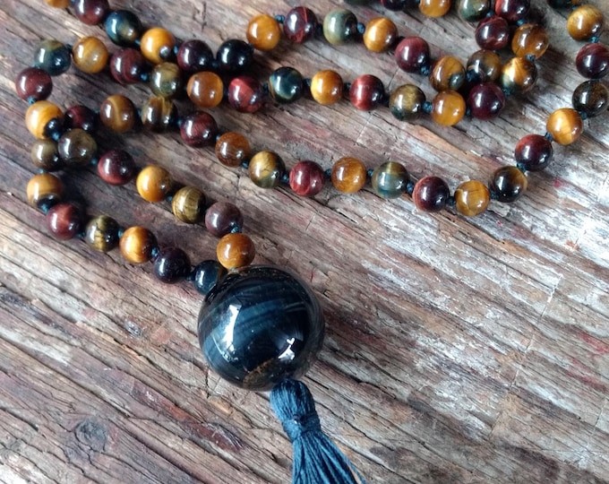 MALA: Tigereye 108 Count Plus Guru Bead Silk Tassel Necklace Red and Brown Tigereye
