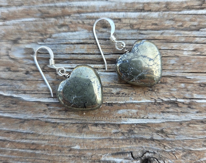 PYRITE HEART Gemstone Earrings Sterling Silver Natural Stone