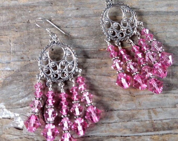 CHANDELIER EARRINGS: 2 Shades of Pinks Swarovski Crystal Colorful Wedding Prom Sterling Silver