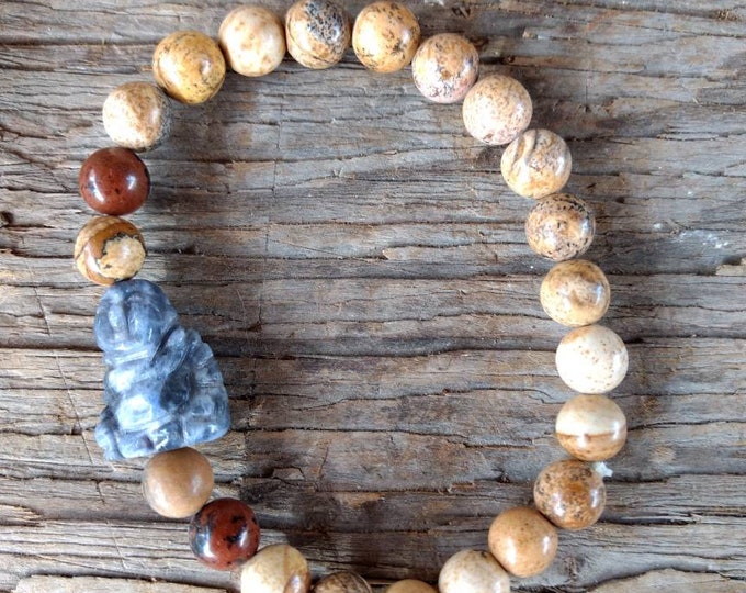 Picture Jasper & Mahogany Obsidian w/ Lapis Buddha Chakra Stretch Bracelet All Natural Semi-Precious Stones Healing Metaphysical