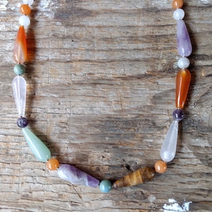 Mixed Gemstone Necklace All Natural Semi-Precious Stones Amethyst Carnelian Aventurine
