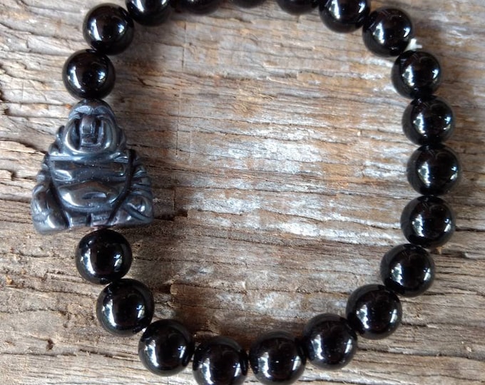 BLACK ONYX w/HEMATITE Buddha Chakra Stretch Bracelet All Natural Semi-Precious Stones Healing Metaphysical