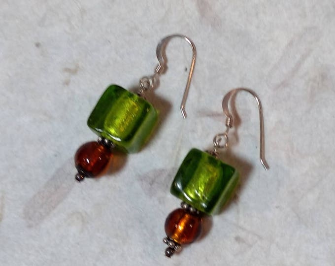 SALE: Venetian Glass BROWN & GREEN Silver Foil Lampwork w/ Sterling Silver Earrings