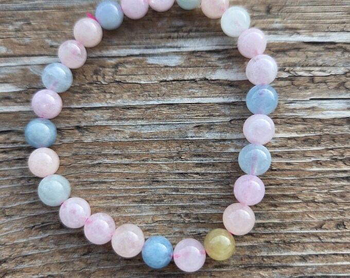 AQUAMARINE MORGANITE (Multi Colored) Chakra Stretch Bracelet All Natural Semi-Precious Stones Healing Metaphysical