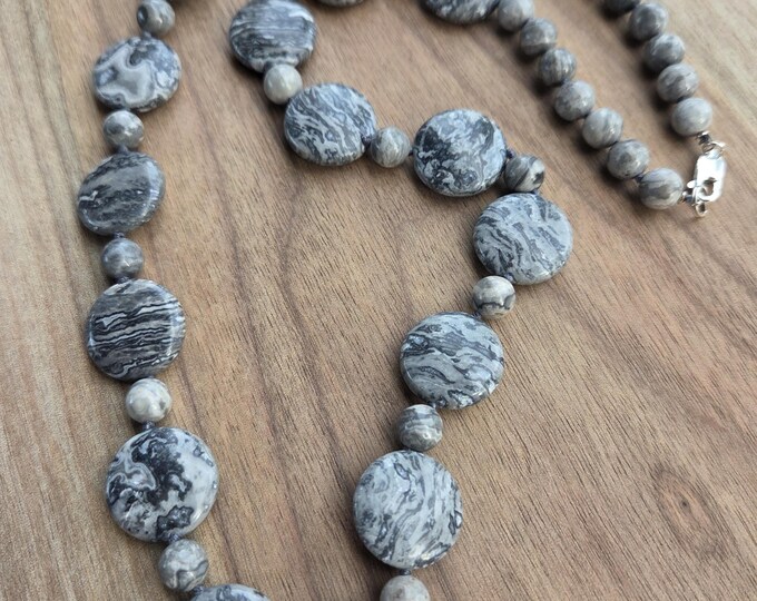 Map Jasper GREY CRAZY LACE Agate Large Coin Necklace All Natural Semi-Precious Stones Healing Metaphysical