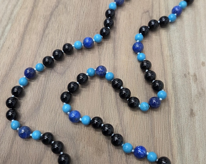 Black Onyx Lapis Lazuli Turquoise Knotted Beaded Necklace Sterling Silver Clasp