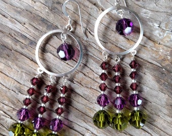 CHANDELIER EARRINGS: Olivine, Amethyst, Burgundy Swarovski Crystal Colorful Wedding Prom Sterling Silver