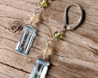 BLUE TOPAZ, Peridot & Citrine Long Faceted Teardrops Gemstone Earrings Sterling Silver Natural Stone