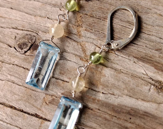 BLUE TOPAZ, Peridot & Citrine Long Faceted Teardrops Gemstone Earrings Sterling Silver Natural Stone