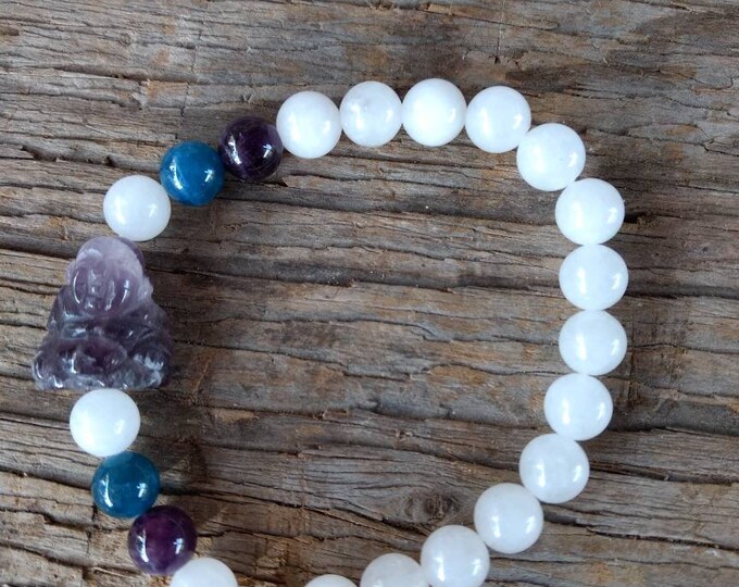 WHITE Quartz  & APATITE w/ AMETHYST Buddha Chakra Stretch Bracelet All Natural Semi-Precious Stones Healing Metaphysical