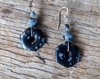 Snowflake Obsidian Gemstone Earrings Sterling Silver Natural Stone