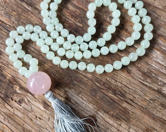 MALA: Blue Chalcedony Rose Quartz 108 Count Plus Guru Bead Silk Tassel Necklace