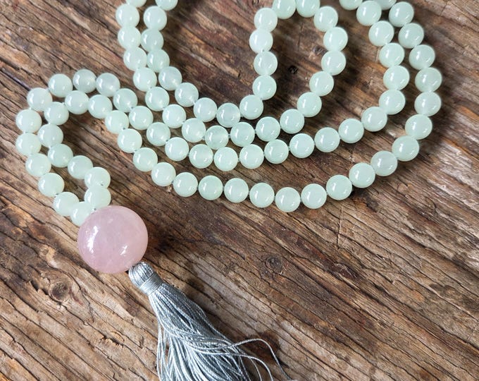 MALA: Blue Chalcedony Rose Quartz 108 Count Plus Guru Bead Silk Tassel Necklace