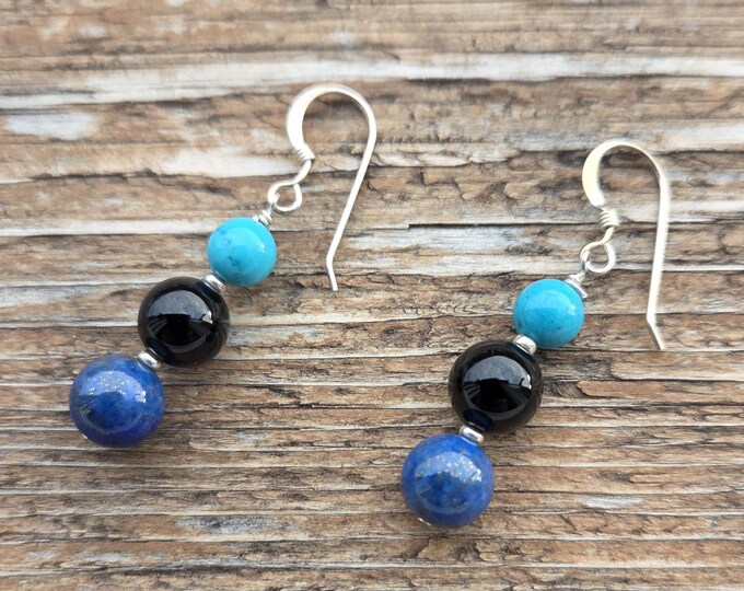 TURQUOISE LAPIS LAZULI Black Onyx Gemstone Earrings Sterling Silver Natural Stone