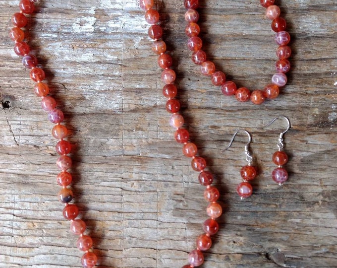 SET: FIRE AGATE & Sterling Silver Necklace Bracelet and Earring Set