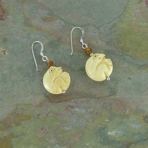 SALE: Fun FROG TOAD Carved Bone Golden Horn Sterling Silver Earrings