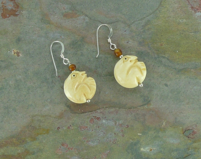 SALE: Fun FROG TOAD Carved Bone Golden Horn Sterling Silver Earrings