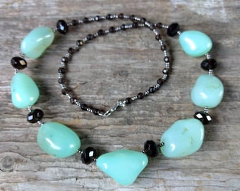Chunky Blue Chalcedony & Smoky Quartz Necklace All Natural Semi-Precious Stones Healing Metaphysical
