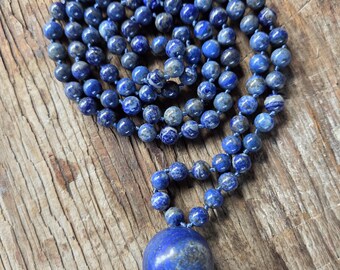 MALA: LAPIS LAZULI Beads Silk Tassel Necklace 108 Count Plus Guru Bead