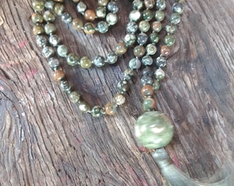 MALA: RHYOLITE Beads Silk Tassel Necklace 108 Count Plus Guru Bead