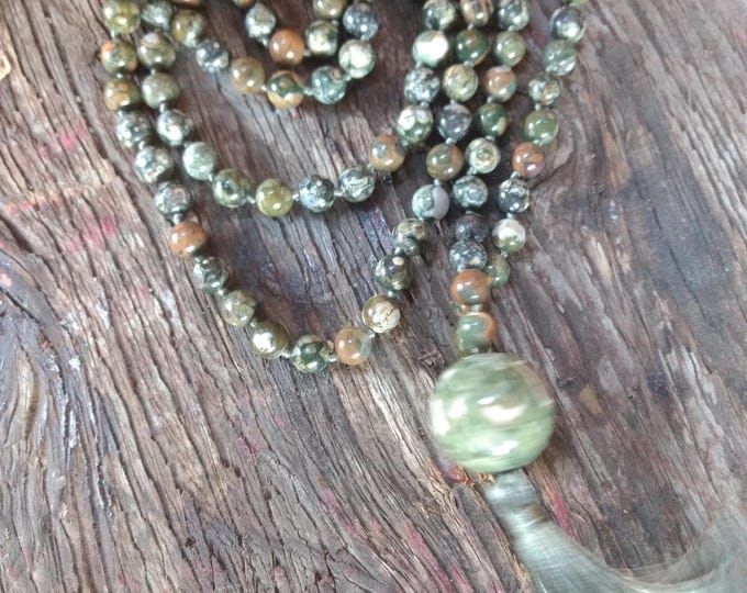 MALA: RHYOLITE Beads Silk Tassel Necklace 108 Count Plus Guru Bead