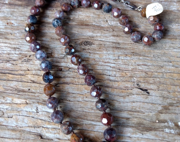 PIETERSITE Beaded Faceted Gemstone, Sterling Silver Necklace