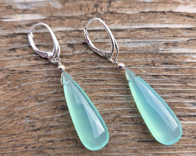 BLUE CHALCEDONY ~ WoW! Long Faceted Teardrops Gemstone Earrings Sterling Silver Natural Stone