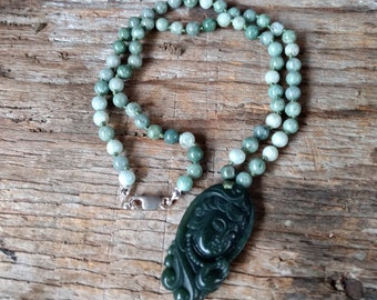 Carved Buddha Quan Yin JADE Stone Natural Gemstone Sterling Silver Necklace