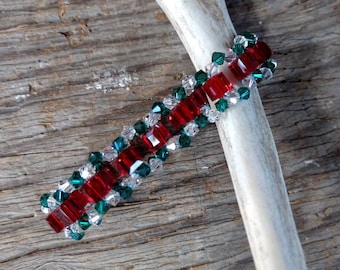 Christmas Holiday Swarovski Crystal Woven Colorful Red White Green Bracelet Sterling Silver