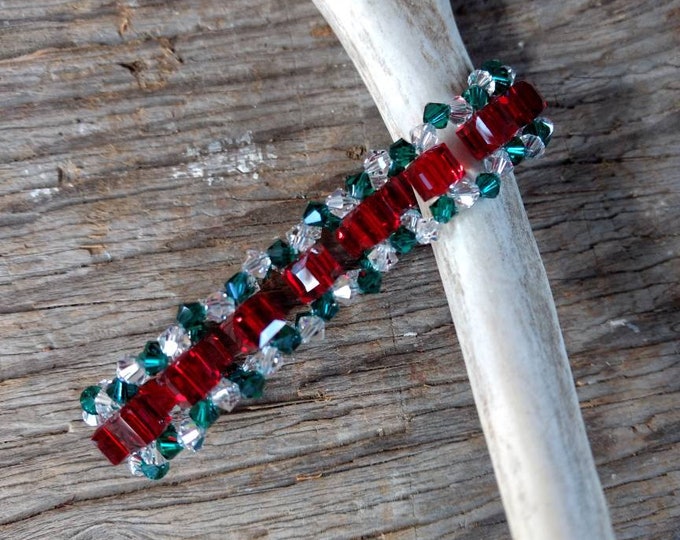 Christmas Holiday Swarovski Crystal Woven Colorful Red White Green Bracelet Sterling Silver