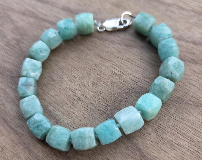 AMAZONITE Faceted Cube Bracelet All Natural Semi-Precious Stones Healing Metaphysical