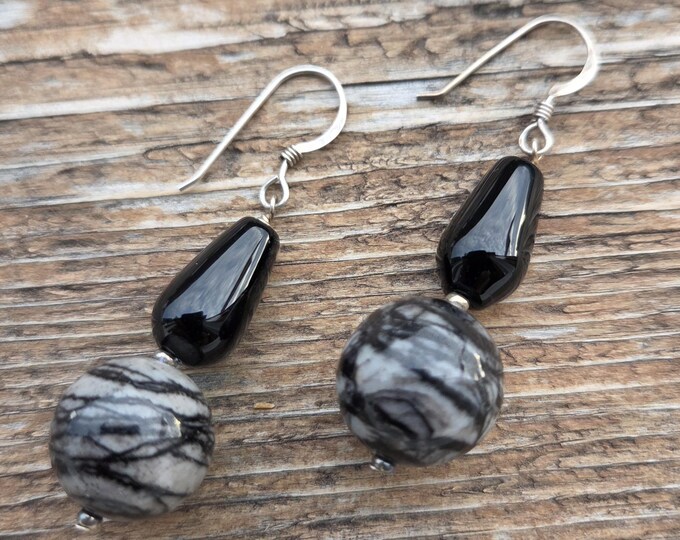 Picasso Web Jasper Black Onyx Gemstone Earrings Sterling Silver Natural Stone