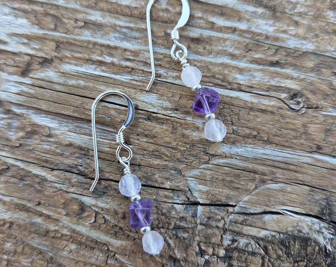 Amethyst & Rose Quartz Gemstone Earrings Sterling Silver Natural Stone