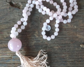 MALA: ROSE QUARTZ Beads Silk Tassel Necklace 108 Count Plus Guru Bead