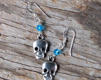 Skull Pewter Charm w/ Blue Swarovski Cyrstal Sterling Silver Earrings