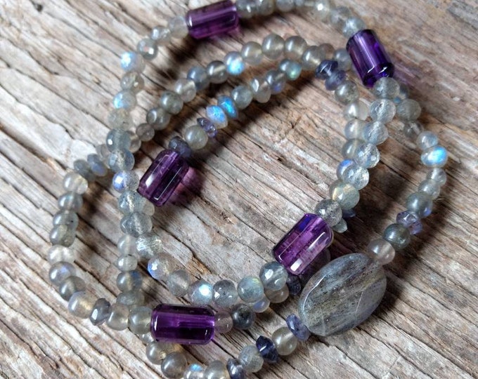 TRIO: LABRADORITE AMETHYST Iolite Stretch Bracelets All Natural Semi-Precious Stones Healing Metaphysical