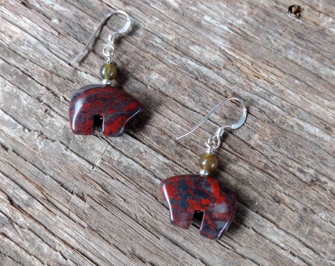 Bear Fetish Zuni Gemstone Earrings Sterling Silver Brecciated Jasper & Labradorite