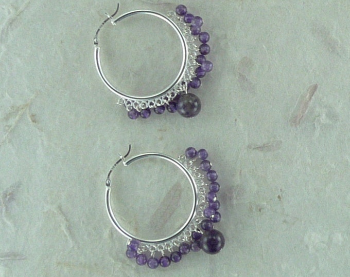 AMETHYST Sterling Silver Hoop Gypsy Fringe Earrings