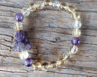 CITRINE w/ AMETHYST Buddha Chakra Stretch Bracelet All Natural Semi-Precious Stones Healing Metaphysical