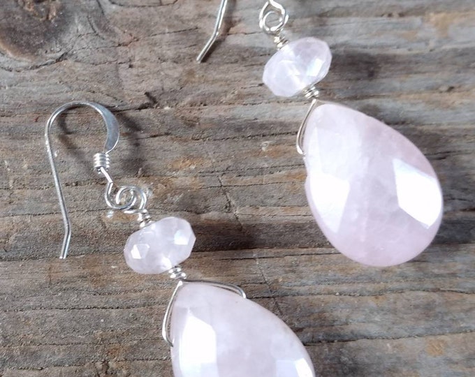 Rose Quartz Faceted Gemstone Earrings Sterling Silver Natural Stone