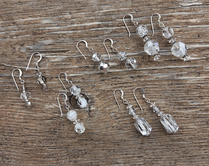 Swarovski Crystal Vintage Beads Silver White Wedding Prom Sterling Earrings CHOOSE PAIR