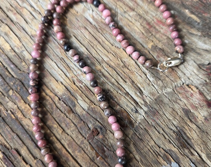 RHODONITE Small Round Bead Necklace All Natural Semi-Precious Stones Healing Metaphysical
