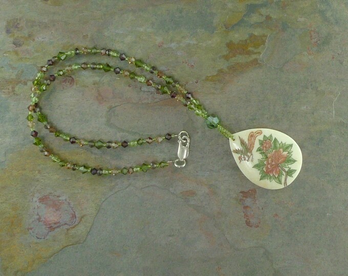 BIRD FLOWER - Hand Painted Bone Pendant w/ Natural Peridot Smokey Quartz & Swarovski Crystal Necklace