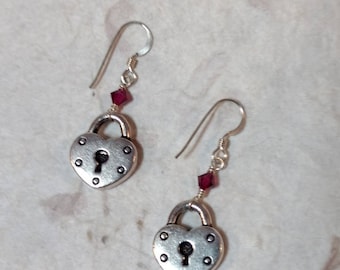 Heart Lock w/ Fuchsia Swarovski Cyrstal Sterling Silver Earrings