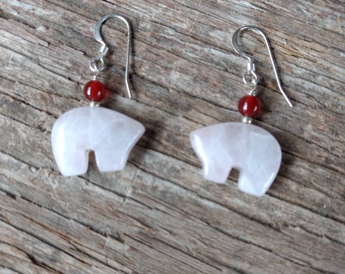 Bear Fetish Zuni Gemstone Earrings Sterling Silver Rose Quartz & Carnelian