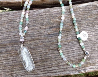 Carved Kwan Yin Rock Quartz and Mixed Natural Gemstone Sterling Silver Necklace