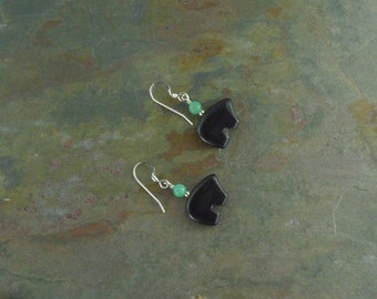 Bear Fetish Zuni Gemstone Earrings Sterling Silver Black Onyx & Green Aventurine