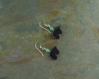 Bear Fetish Zuni Gemstone Earrings Sterling Silver Black Onyx & Green Aventurine