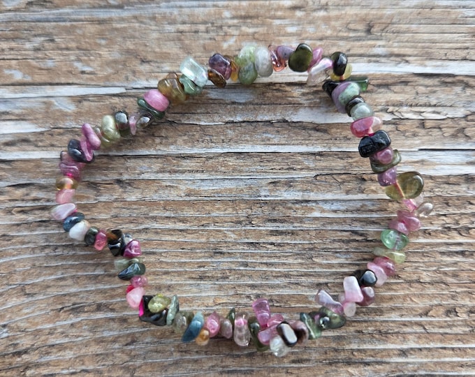 WATERMELON TOURMALINE CHIP Chakra Stretch Bracelet All Natural Semi-Precious Stones Healing Metaphysical