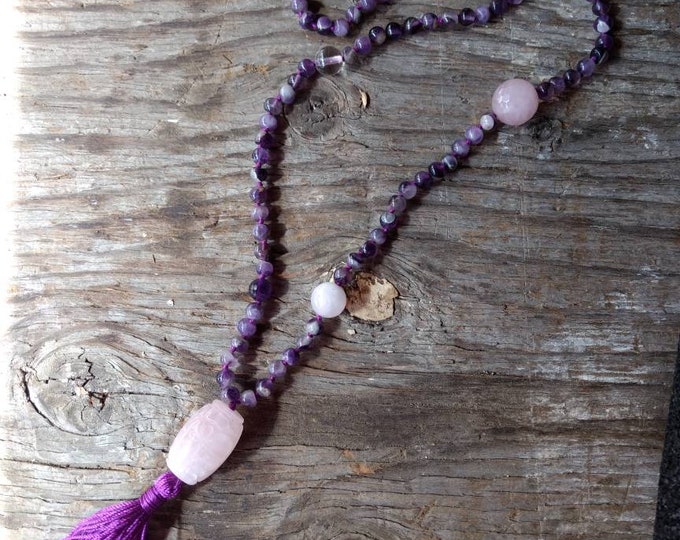 MALA: AMETHYST & ROSE Quartz Rock Quartz Natural Beads Silk Tassel Necklace